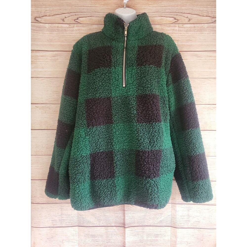 MeroKeety Women's Sherpa Lightweight Green Black 1/2 Zip Plaid Pullover L EUC - Picture 2 of 6